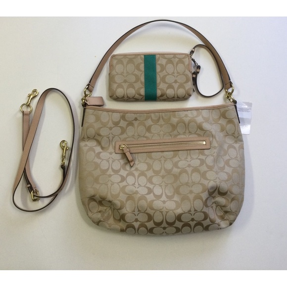 NWT Coach Signature Stripe Khaki Emerald Hobo Crossbody and Wristlet Bundle - Picture 2 of 8